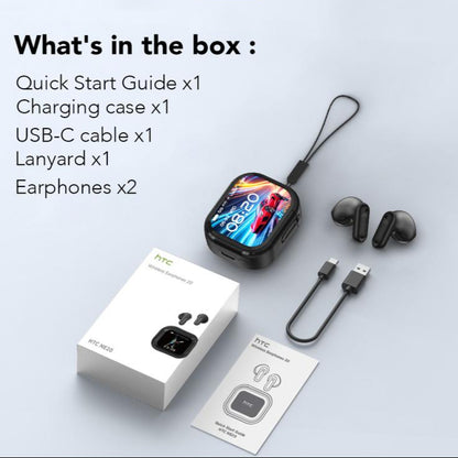 HTC product packaging with accessories on a light gray background