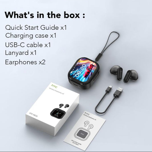 HTC product packaging with accessories on a light gray background
